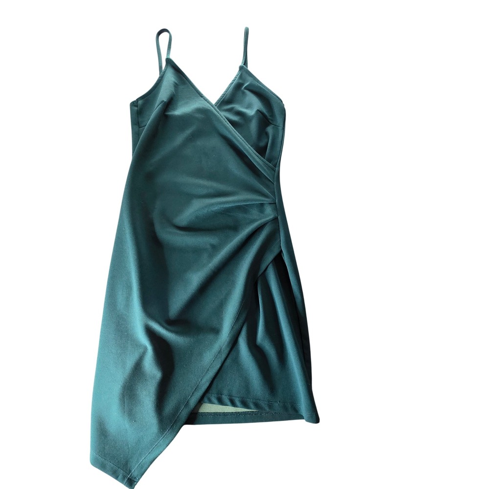 Forest Green Ruched Wrap Bodycon‎ Cocktail Dress Asymmetric Hem Small